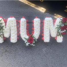 Red and White MUM lettered funeral tribute 
