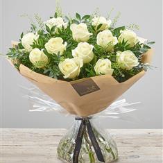 Innocent 12 Large Headed White Rose Hand Tied